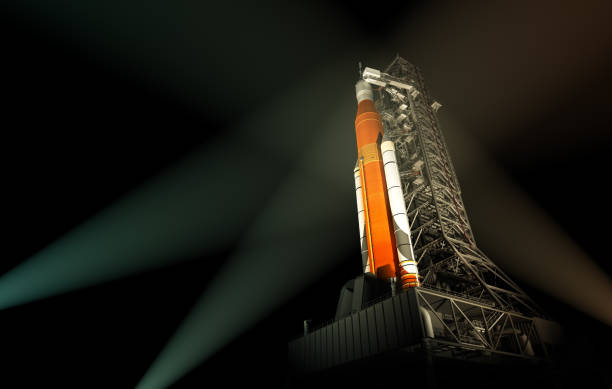Space Launch System In The Rays Of Spotlights. 3D Illustration.