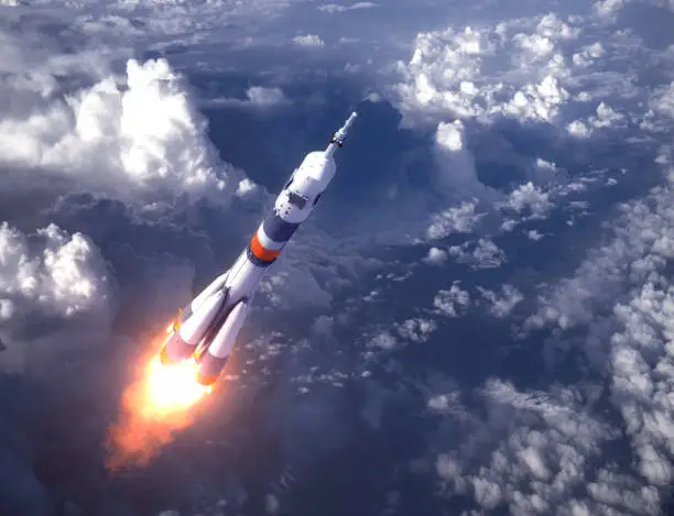 Russian Carrier Rocket Launch In The Clouds. 3D Illustration.