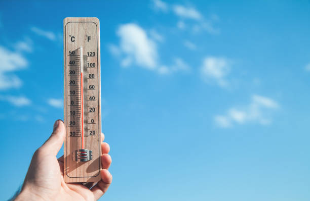 istock Hand holding thermometer on blue sky background. 1164084147