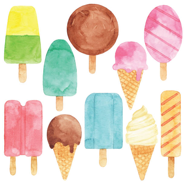 watercolor мороженое набор - dessert sweet food brown chocolate stock illustrations