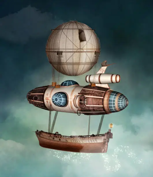 Photo of Steampunk fantasy vessel flying in a stormy sky