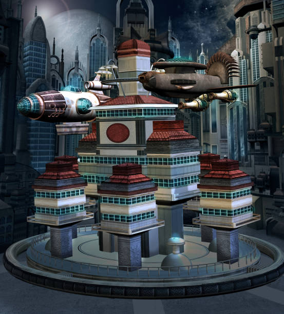 istock Space station with a flying spaceship in an alien city 1164087292