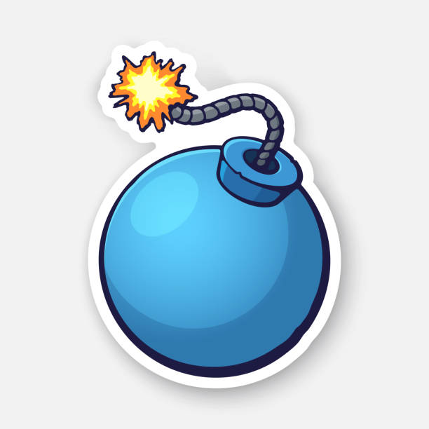 Vector illustration. Blue ball-shaped bomb with a burning fuse rope. Sticker with contour. Isolated on white background Vector illustration. Blue ball-shaped bomb with a burning fuse rope. Sticker with contour. Isolated on white background bomb stock illustrations