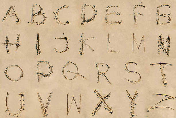 litery alfabetu napisane w piasku plaży - sand text alphabet beach zdjęcia i obrazy z banku zdjęć