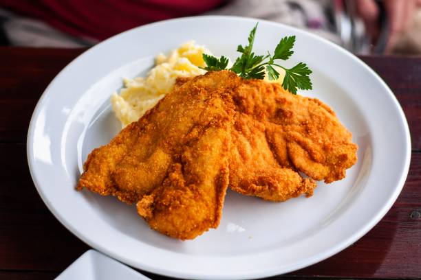 Wiener schnitzel with mashed potato.