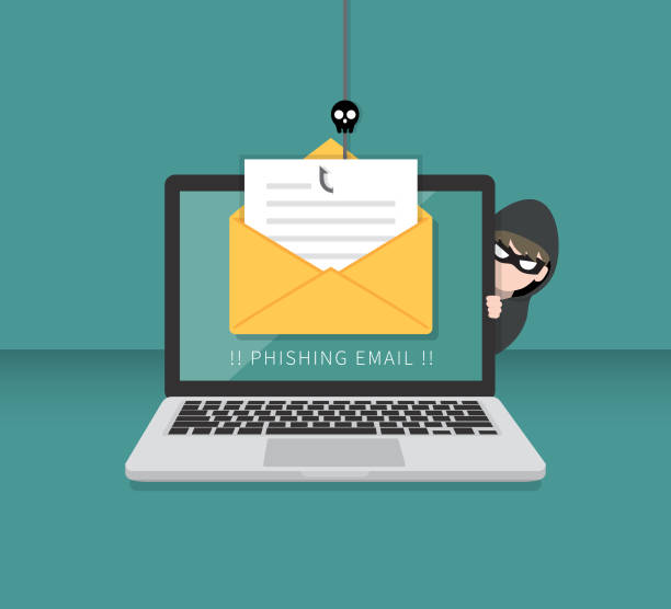 e-mail-daten phishing mit cyber-dieb verstecken sich hinter laptop-computer. hacking-konzept. - computer hacker illustrations stock-grafiken, -clipart, -cartoons und -symbole