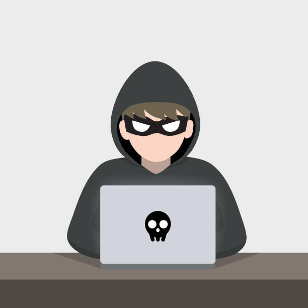 ilustraciones, imágenes clip art, dibujos animados e iconos de stock de hacker con ordenador portátil tratar de robar contraseñas y datos confidenciales. - business stealing top secret confidential