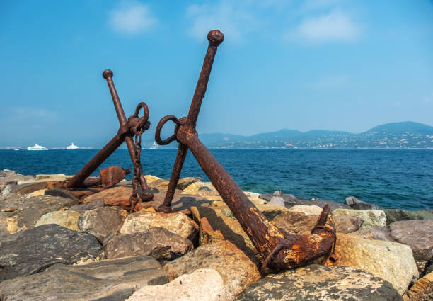 Rusty anchor with chain foreground