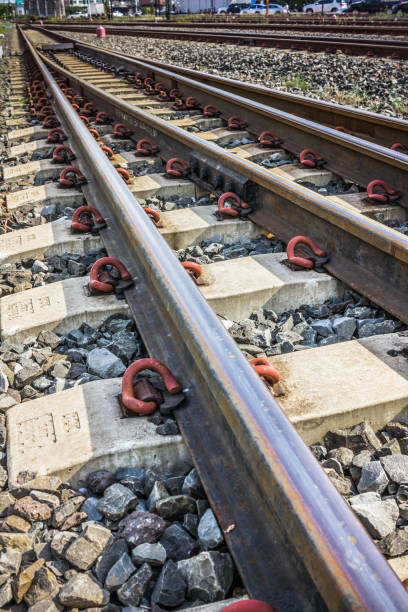 istock Two railway tracks merge together. 1164101746
