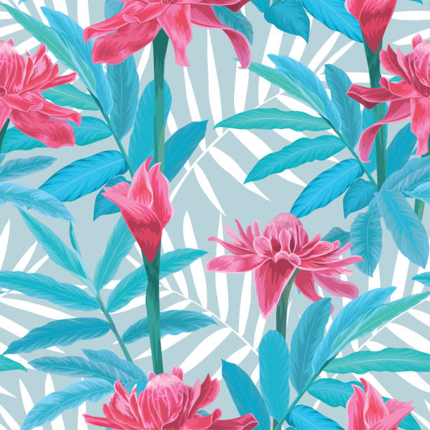 illustrazioni stock, clip art, cartoni animati e icone di tendenza di motivo senza cuciture con fiori di zenzero torcia tropicale con foglie e foglie di palma sfondo. - ginger tropical flower flower plant