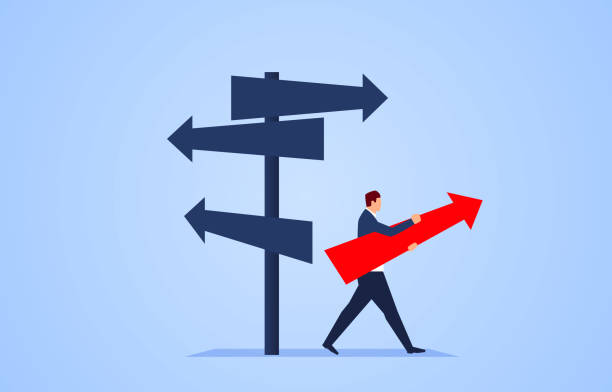 Businessman standing in the direction of the crossroads chose the direction Businessman standing in the direction of the crossroads chose the direction road sign illustrations stock illustrations
