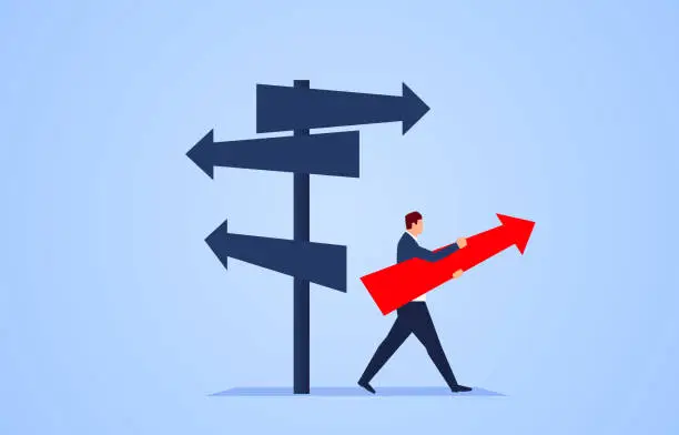 Vector illustration of Businessman standing in the direction of the crossroads chose the direction