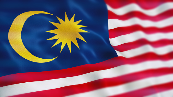 3d Flag Of Malaysia 3d Wavy Shiny Malaysia Ribbon Flag On Soft Blue Background 3d illustration