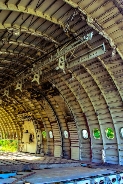 istock Ceiling structure of plane wreck close up shot 1164104427