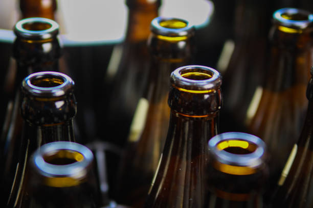 close up of brown empty beer bottles in a case - refundable imagens e fotografias de stock