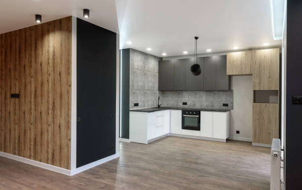 istock New modern empty kitchen interior in white and gray colors, copy space. Kitchen appliances 1164105758