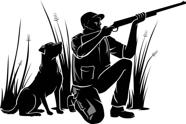 illustrazioni stock, clip art, cartoni animati e icone di tendenza di posizione seduta cacciatore di anatre - rifle hunting gun aiming