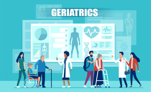 Vector of medical team assisting elderly patients with disabilities using medical apps and modern technology Healthcare and geriatrics concept. Vector of medical team assisting elderly patients with disabilities using medical apps and modern technology cartoon of medical records stock illustrations