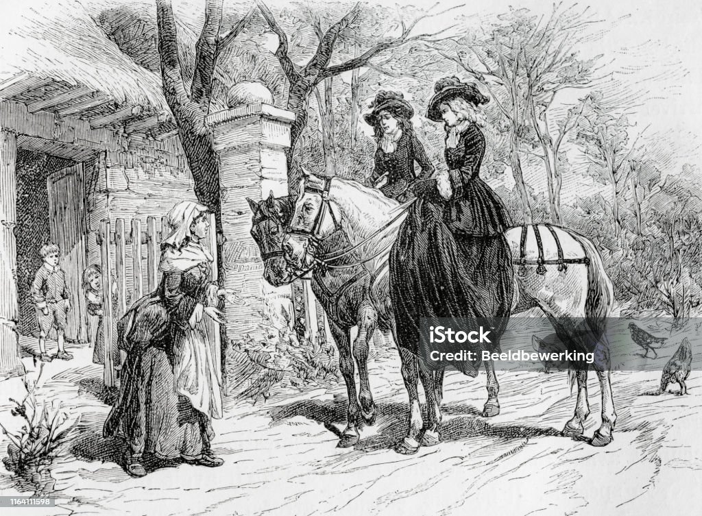 Two Women On Horseback Stock Illustration - Download Image Now - 17th ...