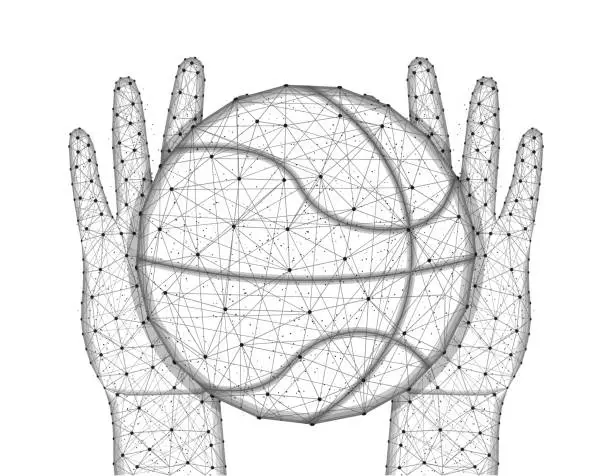 Vector illustration of Hands and ball for playing basketball low poly design, sports game in polygonal style, catch or throw the ball wireframe vector illustration made from points and lines on a white background