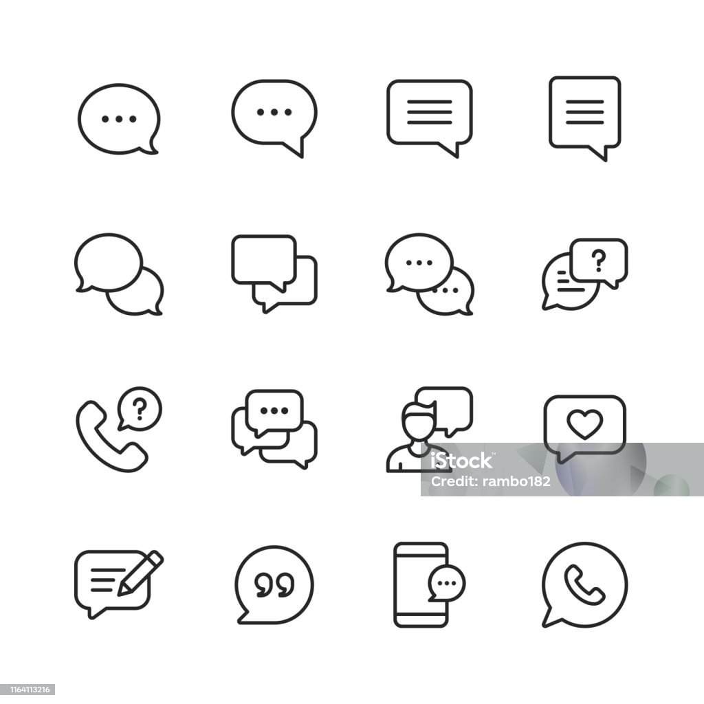 Vector Speech Bubbles and Communication Line Icons. Editable Stroke. Pixel Perfect. For Mobile and Web. 16 Speech Bubbles and Communication Outline Icons. Icon stock vector