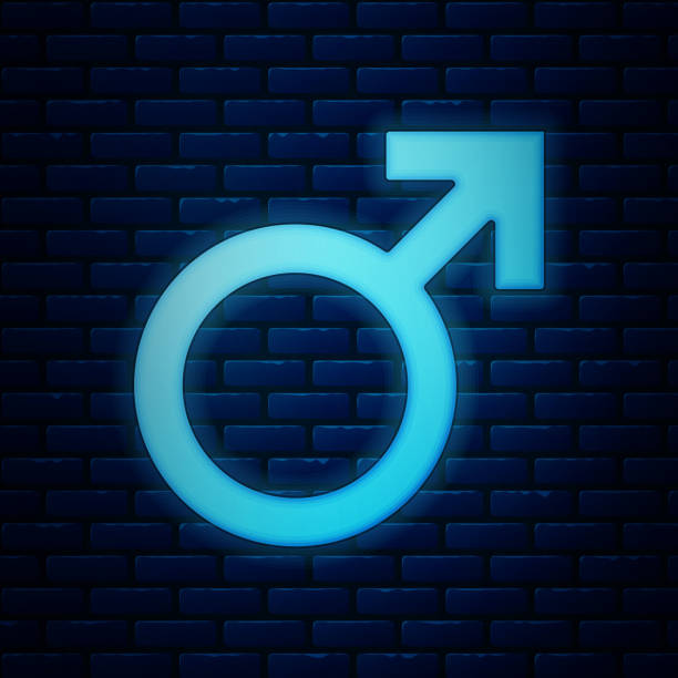 istock Glowing neon Male gender symbol icon isolated on brick wall background.  Vector Illustration 1164116876