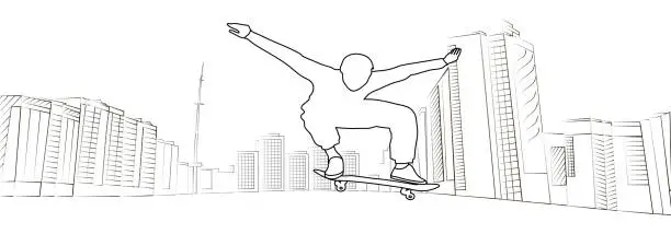 Vector illustration of Skateboarder is jumping against the background of the urban landscape and high-rise buildings. Skateboarding trick ollie. Street style. Extreme sport. Design for boards. Vector outline illustration.