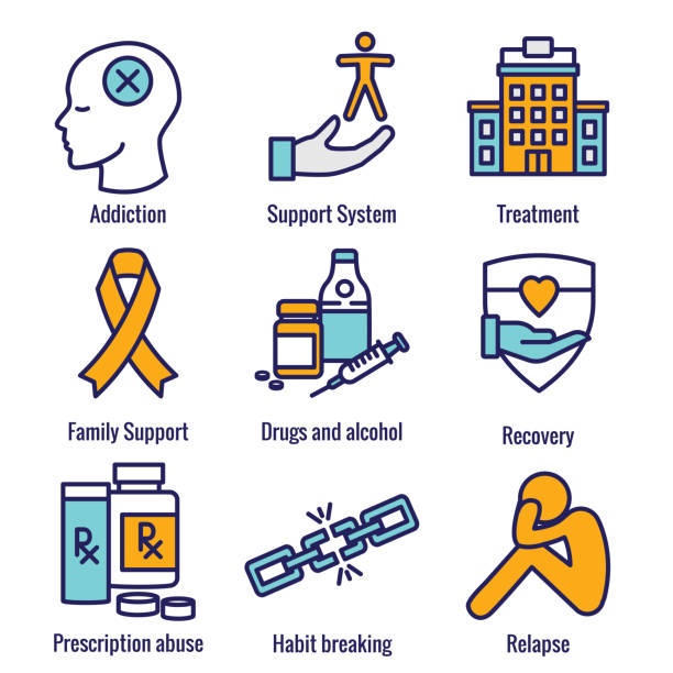 drug & alcohol dependency icon set - wsparcie, odzyskiwanie i leczenie - alcohol drug abuse alcoholism pill stock illustrations