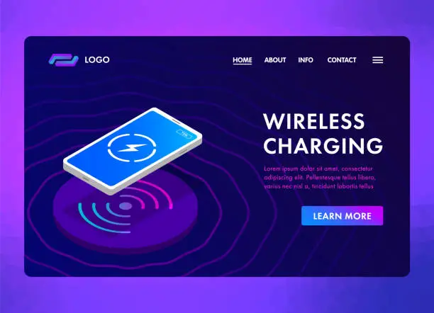 Vector illustration of Wireless Charging smart phone battery wireless charger website isometric template concept page