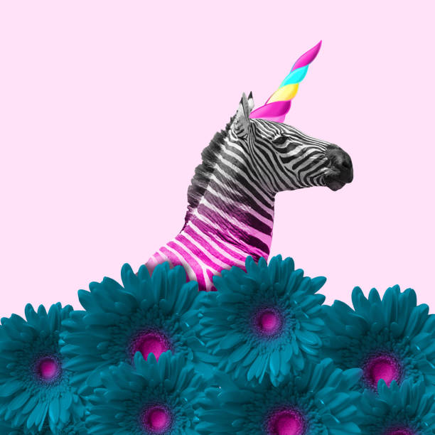 Modern design. Contemporary art collage. Dreaming about being better. An alternative zebra like a unicorn in blue flowers on pink background. Negative space. Modern design. Contemporary art. Creative conceptual and colorful collage. zebra stock pictures, royalty-free photos & images