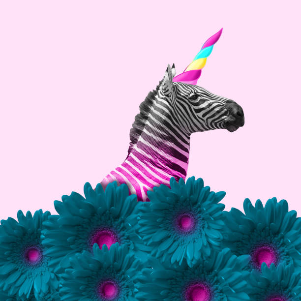 Modern design. Contemporary art collage. Dreaming about being better. An alternative zebra like a unicorn in blue flowers on pink background. Negative space. Modern design. Contemporary art. Creative conceptual and colorful collage. indie images stock pictures, royalty-free photos & images