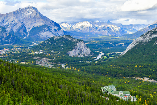 View over the town of Banff and the Canadian Rockies seen from Sulphur Mountain.