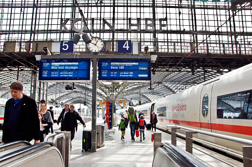 Travelers board trains at Central Railway Station (Hauptbahnhof) in Hamburg. With 450,000 daily passengers it is the 2nd busies station in Europe.