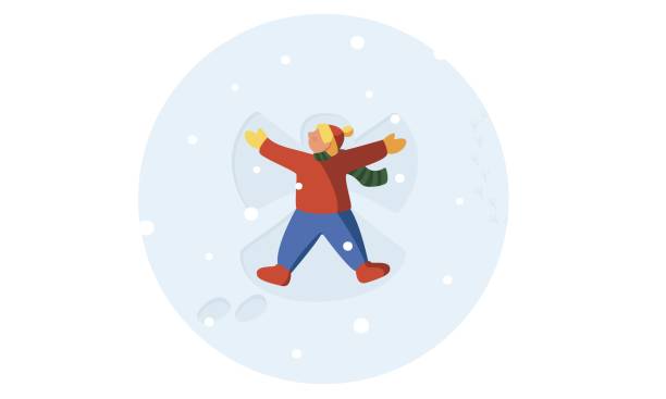 Snow angel vector illustration Snow angel vector illustration. Flat character - cute little boy laying in snow, wearing hat, scarf, mittens. Circle image isolated on white. making snow angels stock illustrations