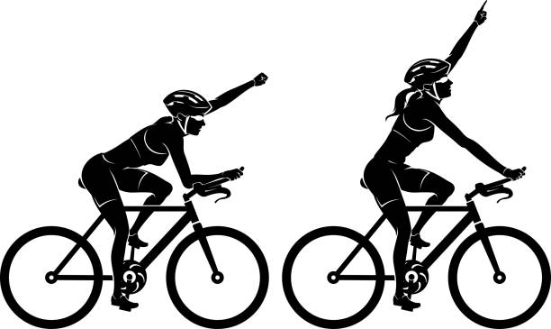 Female Cyclist Racer Win Isolated vector illustration of two female bike riders at the finish of the race bike hand signals stock illustrations