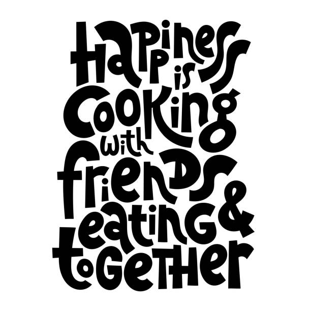 Cooking class quotes Happiness is cooking with friends and eating together. Hand drawn illustrated lettering quote about food preparation. Cooking slogans handwritten black lettering. clip art of how to draw a train stock illustrations
