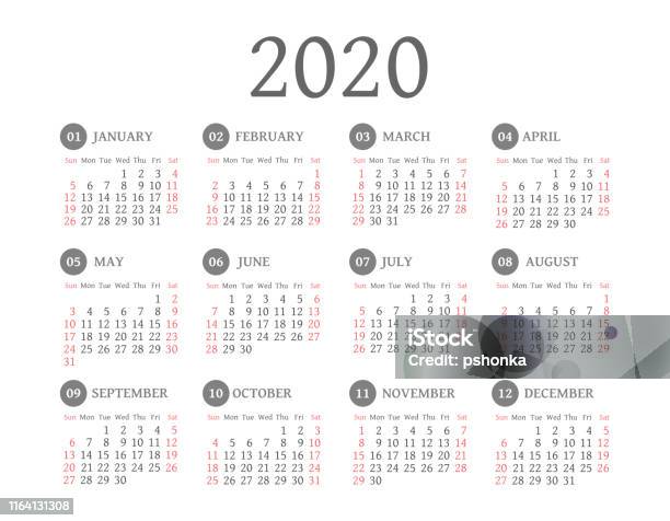 Week Code Calendar 2020 Vector Calendar 2020 Year Week Starts From Sunday Stock Illustration ...