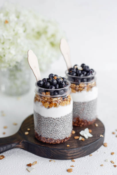 Chia seed pudding with fresh blueberries.