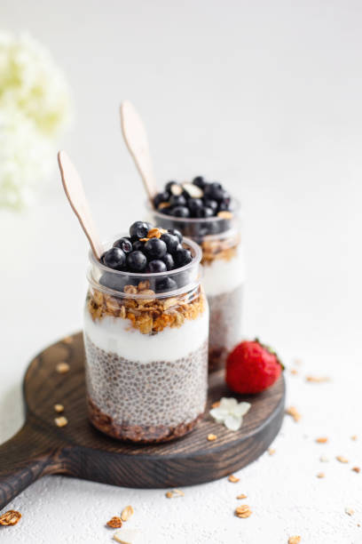 istock Chia pudding with yogurt, granola and fresh berries. Selective focus. 1164132768