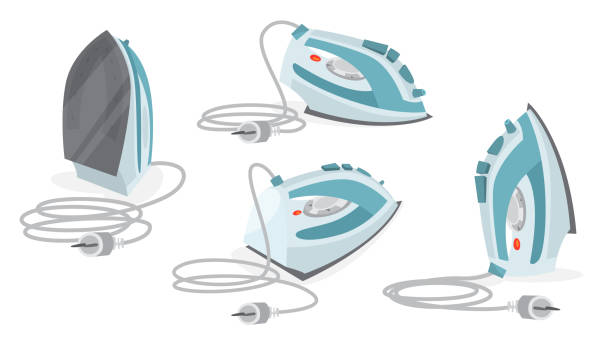 Set of iron for cloth. Electric utensil Set of iron for cloth. Electric utensil. Device for ironing clothes. Isolated vector flat illustration iron steam stock illustrations