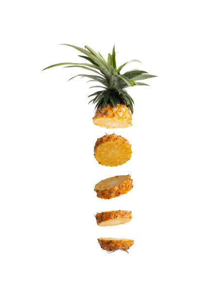 Slice pineapple into pieces stacked together Pineapple or Ananas comosus has proteolytic enzymes, bromelain names, helps digest proteins, does not leave residues in the intestines and contains many vitamin C minerals And used in the medical industry to treat tissue inflammation And used in beer production to prevent sedimentation vitamin rich stock pictures, royalty-free photos & images