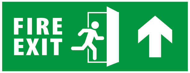 istock emergency fire exit sign. running man icon to door. green color. arrow vector. warning sign plate 1164137325