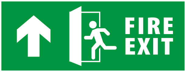 istock emergency fire exit sign. running man icon to door. green color. arrow vector. warning sign plate 1164137327