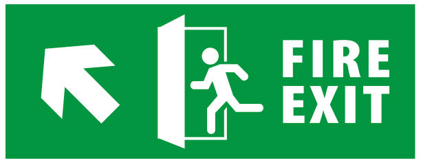 istock emergency fire exit sign. running man icon to door. green color. arrow vector. warning sign plate 1164137348