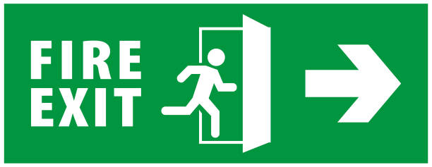 istock emergency fire exit sign. running man icon to door. green color. arrow vector. warning sign plate 1164137363