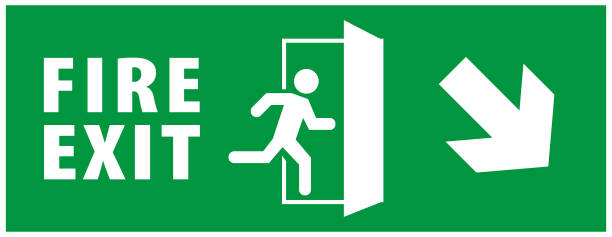 istock emergency fire exit sign. running man icon to door. green color. arrow vector. warning sign plate 1164137364