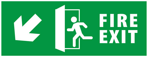 istock emergency fire exit sign. running man icon to door. green color. arrow vector. warning sign plate 1164137366