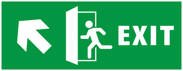istock emergency exit sign. running man icon to door. green color. arrow vector. warning sign plate 1164137401