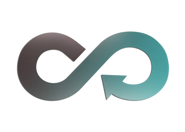 Circular economy concept. Sheet metal in arrow infinity recycling symbol with layered color of gray and blue, isolated on white background. 3D illustration.