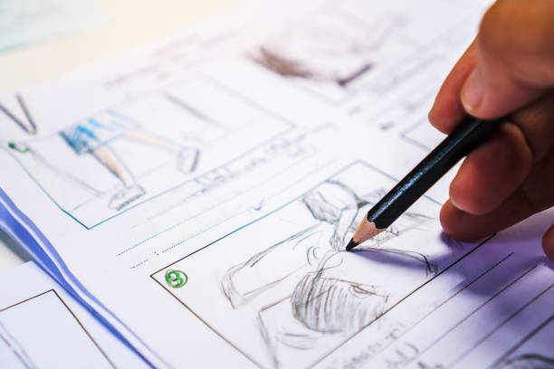 istock Hands on Storyboard movie layout for pre-production, storytelling drawing creative for process production media films. Script video editors and writing graphic in form displayed in maker shooting 1164140133